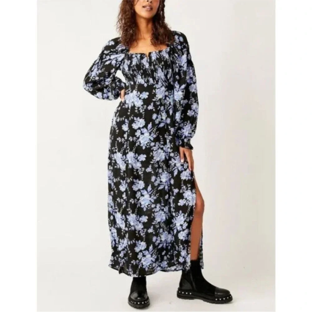 NEW Free People Jaymes Floral Print Square Neck Long Sleeves Midi Dress